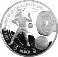 Mexico coin 5 Pesos - 2006 World Cup Soccer Games (2006) reverse reverse of 5 Pesos - 2006 World Cup Soccer Games (2006) coin with KM# 770 from Mexico. Inscription: COPA MUNDIAL DE LA FIFA ALEMANIA 2006 $5 MEXICO Mo