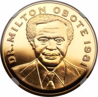 Uganda coin 5000 Shillings - Dr. Milton Obote (1981) reverse reverse of 5000 Shillings - Dr. Milton Obote (1981) coin with KM# 25 from Uganda. Inscription: DR. MILTON OBOTE 1981