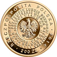 obverse of 200 Złotych - 150th Anniversary of the Birth of Stefan Żeromski (2014) coin with Y# 911 from Poland. Inscription: RZECZPOSPOLITA POLSKA · 2014 · 200 ZŁ · SYZYFO WE PRACE POPIOŁY LUDZIE BEZDOMNI SIŁACZKA DOKTOR PIOTR PRZEDWIOŠNIE WIERNA AZEKA PU