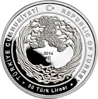 obverse of 50 Lira - 600 years of Polish-Turkish diplomatic relations (2014) coin with KM# 1299 from Turkey.