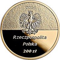 Poland coin 200 Złotych - Centenary of the birth of Jan Karski (2014) obverse obverse of 200 Złotych - Centenary of the birth of Jan Karski (2014) coin with Y# 903 from Poland. Inscription: 2014 mw Rzeczpospolita Polska 200 zł