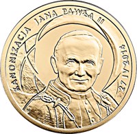 Poland coin 100 Złotych - Canonisation of John Paul II, 27 IV 2014 (2014) reverse reverse of 100 Złotych - Canonisation of John Paul II, 27 IV 2014 (2014) coin with Y# 921 from Poland. Inscription: KANONIZACJA JANA PAWŁA II 27 IV 2014