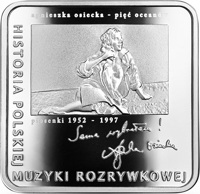 Poland coin 10 Złotych - Agnieszka Osiecka (2013) reverse reverse of 10 Złotych - Agnieszka Osiecka (2013) coin with Y# 885 from Poland. Inscription: agnieszka osiecka - pięć oceanóv piosenki 1952 - 1997 HISTORIA POLSKIEJ MUZYKI ROZRYWKOWEJ
