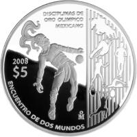 Mexico coin 5 Pesos - Juego de pelota (2008) reverse reverse of 5 Pesos - Juego de pelota (2008) coin with KM# 805 from Mexico. Inscription: DISCIPLINAS DE ORO OLIMPICO MEXICANO 2008 $5 Mo ENCUENTRO DE DOS MUNDOS