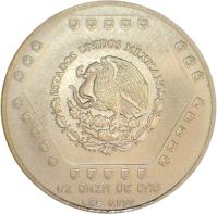Mexico coin 50 Nuevo Pesos / 1/2 Onza - Jaina (1994) obverse obverse of 50 Nuevo Pesos / 1/2 Onza - Jaina (1994) coin with KM# 580 from Mexico. Inscription: ESTADOS UNIDOS MEXICANOS 1/2 ONZA DE ORO LEY 0.999