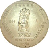 Mexico coin 50 Nuevo Pesos / 1/2 Onza - Jaina (1994) reverse reverse of 50 Nuevo Pesos / 1/2 Onza - Jaina (1994) coin with KM# 580 from Mexico. Inscription: 1994 Mo PERSONAJE DE JAINA N$50
