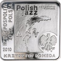 Poland coin 10 Złotych - Krzysztof Komeda (2010) obverse obverse of 10 Złotych - Krzysztof Komeda (2010) coin with Y# 729 from Poland. Inscription: RZECZPOSPOLITA 10 ZŁ POLSKA 2010 Polish jazz ASTIGMATIC Komeda mw KRZYSZTOF KOMEDA