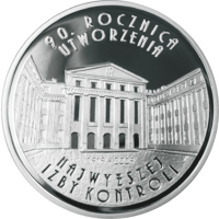 reverse of 10 Złotych - 90th Anniversary of the Establishment of the Supreme Chamber of Control (2009) coin with Y# 674 from Poland. Inscription: 90. ROCZNICA UTWORZENIA 1919-2009 NAJWYŻSZEJ IZBY KONTROL