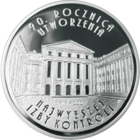 Poland coin 10 Złotych - 90th Anniversary of the Establishment of the Supreme Chamber of Control (2009) reverse reverse of 10 Złotych - 90th Anniversary of the Establishment of the Supreme Chamber of Control (2009) coin with Y# 674 from Poland. Inscription: 90. ROCZNICA UTWORZENIA 1919-2009 NAJWYŻSZEJ IZBY KONTROL