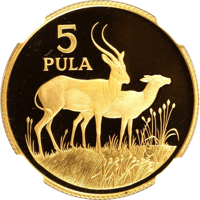 Botswana coin 5 Pula - Wildlife - Red Lechwes (1986) reverse reverse of 5 Pula - Wildlife - Red Lechwes (1986) coin with KM# 19 from Botswana. Inscription: 5 PULA