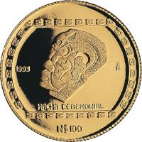 reverse of 100 Nuevo Pesos / 1 Onza - Hacha ceremonial (1993) coin with KM# 587 from Mexico. Inscription: 1993 Mo HACHA CEREMONIAL N$100