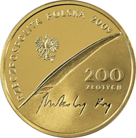 Poland coin 200 Złotych - Mikołaj Rej (1505-1569) - 500th Anniversary of the Birth (2005) obverse obverse of 200 Złotych - Mikołaj Rej (1505-1569) - 500th Anniversary of the Birth (2005) coin with Y# 889 from Poland. Inscription: RZECZPOSPOLITA POLSKA 2005 mw 200 Złotych Mikołaj Rej