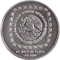 obverse of 1 Peso / 1/4 Onza - Señor de las limas (1996 - 1998) coin with KM# 593 from Mexico. Inscription: ESTADOS UNIDOS MEXICANOS 1/4 ONZA DE PLATA LEY 0.999