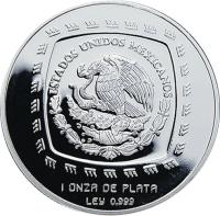 Mexico coin 5 Pesos / 1 Onza - Hacha ceremonial (1996 - 1998) obverse obverse of 5 Pesos / 1 Onza - Hacha ceremonial (1996 - 1998) coin with KM# 598 from Mexico. Inscription: ESTADOS UNIDOS MEXICANOS 1 ONZA DE PLATA LEY 0.999