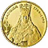 reverse of 100 Złotych - Jadwiga (1384 - 1399) (2000) coin with Y# 396 from Poland. Inscription: JADWIGA 1384 • 1399