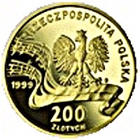 Poland coin 200 Złotych - 150th anniversary of Fryderyk Chopin's death (1999) obverse obverse of 200 Złotych - 150th anniversary of Fryderyk Chopin's death (1999) coin with Y# 367 from Poland. Inscription: RZECZPOSPOLITA POLSKA mw 1999 200 ZŁOTYCH