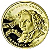 Poland coin 200 Złotych - 150th anniversary of Fryderyk Chopin's death (1999) reverse reverse of 200 Złotych - 150th anniversary of Fryderyk Chopin's death (1999) coin with Y# 367 from Poland. Inscription: FRYDERYK CHOPIN 150. ROCZNICA ŚMIERCI