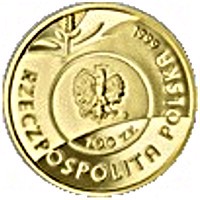 obverse of 100 Złotych - John Paul II, the Pilgrim (1999) coin from Poland. Inscription: 1999 RZECZPOSPOLITA POLSKA mw 100 ZŁ