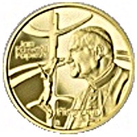 reverse of 100 Złotych - John Paul II, the Pilgrim (1999) coin from Poland. Inscription: Jan Paweł II Papież Pielgrzym