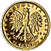 obverse of 100 Złotych - Polish Kings and Princes - Zygmunt II August (1548 - 1572) (1999) coin from Poland. Inscription: RZECZPOSPOLITA POLSKA 1999 mw ZŁ 100 ZŁ