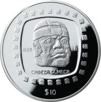 Mexico coin 10 Pesos / 5 Onzas - Cabeza Olmeca (1996 - 1998) reverse reverse of 10 Pesos / 5 Onzas - Cabeza Olmeca (1996 - 1998) coin with KM# 599 from Mexico. Inscription: 1995 Mo CABEZA OLMECA $10