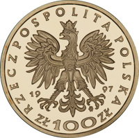 obverse of 100 Złotych - Stefan Batory (1576 - 1586) (1997) coin with Y# 328 from Poland. Inscription: RZECZPOSPOLITA POLSKA 1997 mw ZŁ 100 ZŁ