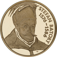 reverse of 100 Złotych - Stefan Batory (1576 - 1586) (1997) coin with Y# 328 from Poland. Inscription: STEFAN BATORY 1576 - 1586 TE