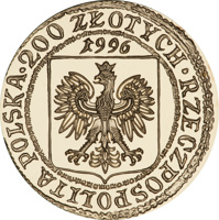 Poland coin 200 Złotych - The 1000th anniversary of Gdańsk (997 - 1997) (1996) obverse obverse of 200 Złotych - The 1000th anniversary of Gdańsk (997 - 1997) (1996) coin with Y# 320 from Poland. Inscription: 200 ZŁOTYCH RZECZPOSPOLITA POLSKA 1996
