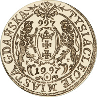 Poland coin 200 Złotych - The 1000th anniversary of Gdańsk (997 - 1997) (1996) reverse reverse of 200 Złotych - The 1000th anniversary of Gdańsk (997 - 1997) (1996) coin with Y# 320 from Poland. Inscription: TYSIĄCLECIE MIASTA GDAŃSKA 997 1997 mw
