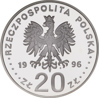 Poland coin 20 Złotych - 4th century of Warsaw as the Capital (1996) obverse obverse of 20 Złotych - 4th century of Warsaw as the Capital (1996) coin with Y# 309 from Poland. Inscription: RZECZPOSPOLITA POLSKA 1996 mw ZŁ 20 ZŁ
