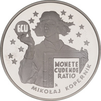 Poland coin 20 Złotych - Mikołaj Kopernik - ECU (1995) reverse reverse of 20 Złotych - Mikołaj Kopernik - ECU (1995) coin with Y# 302 from Poland. Inscription: ECU MONETE CUDENTE RATIO RK MIKOŁAJ KOPERNIK