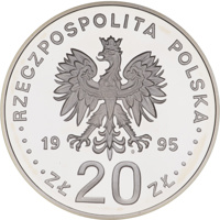 Poland coin 20 Złotych - 50th Anniversary of United Nations (1995) obverse obverse of 20 Złotych - 50th Anniversary of United Nations (1995) coin with Y# 291 from Poland. Inscription: RZECZPOSPOLITA POLSKA 1995 mw ZŁ 20 ZŁ