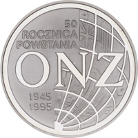 Poland coin 20 Złotych - 50th Anniversary of United Nations (1995) reverse reverse of 20 Złotych - 50th Anniversary of United Nations (1995) coin with Y# 291 from Poland. Inscription: 50 ROCZNICA POWSTANIA ONZ 1945 1995