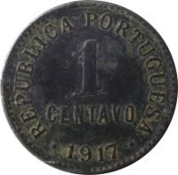 reverse of 1 Centavo (1917 - 1922) coin with KM# 565 from Portugal. Inscription: REPUBLICA PORTUGUESA 1 CENTAVO · 1920 ·