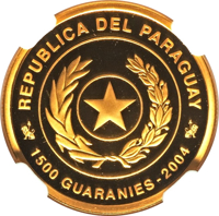 obverse of 1500 Guaraníes - FIFA World Football Championship - Germany 2006 (2004) coin with KM# 203 from Paraguay. Inscription: REPUBLICA DEL PARAGUAY 1500 GUARANIES - 2004