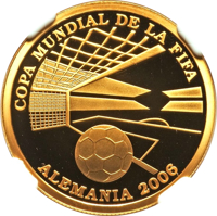 reverse of 1500 Guaraníes - FIFA World Football Championship - Germany 2006 (2004) coin with KM# 203 from Paraguay. Inscription: COPA MUNDIAL DE LA FIFA ALEMANIA 2006