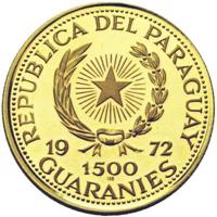 Paraguay coin 1500 Guaraníes - General Alfredo Stroessner (1972) obverse obverse of 1500 Guaraníes - General Alfredo Stroessner (1972) coin with KM# 38 from Paraguay. Inscription: REPUBLICA DEL PARAGUAY 19 72 1500 GUARANIES