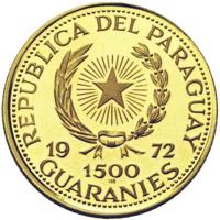 obverse of 1500 Guaraníes - General Alfredo Stroessner (1972) coin with KM# 38 from Paraguay. Inscription: REPUBLICA DEL PARAGUAY 19 72 1500 GUARANIES