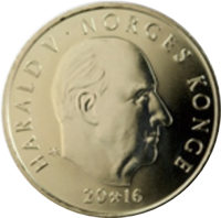 Norway coin 20 Kroner - Harald V - Norges Bank Bicentenary (2016) obverse obverse of 20 Kroner - Harald V - Norges Bank Bicentenary (2016) coin with KM# 492 from Norway. Inscription: Harald V Norges Konge IAR 20⚒16