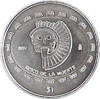 Mexico coin 1 Peso / 1/4 Onza - Disco de la muerte (1997 - 1998) reverse reverse of 1 Peso / 1/4 Onza - Disco de la muerte (1997 - 1998) coin with KM# 617 from Mexico. Inscription: 1998 Mo DISCO DE LA MUERTE $1