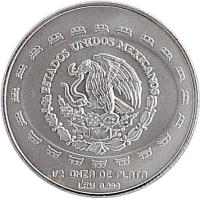 obverse of 2 Pesos / 1/2 Onza - Disco de la muerte (1997 - 1998) coin with KM# 618 from Mexico. Inscription: ESTADOS UNIDOS MEXICANOS 1/2 DE ONZA DE PLATA LEY 0.999