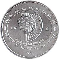 reverse of 2 Pesos / 1/2 Onza - Disco de la muerte (1997 - 1998) coin with KM# 618 from Mexico. Inscription: 1998 Mo DISCO DE LA MUERTE $2