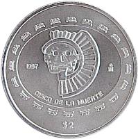 Mexico coin 2 Pesos / 1/2 Onza - Disco de la muerte (1997 - 1998) reverse reverse of 2 Pesos / 1/2 Onza - Disco de la muerte (1997 - 1998) coin with KM# 618 from Mexico. Inscription: 1998 Mo DISCO DE LA MUERTE $2
