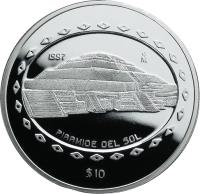 reverse of 10 Pesos / 5 Onzas - Pirámide del Sol (1997 - 1998) coin with KM# 623 from Mexico. Inscription: 1997 Mo PIRAMIDE DEL SOL $10