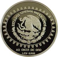 obverse of 50 Pesos / 1/2 Onza - Serpiente emplumada (1997) coin with KM# 625 from Mexico. Inscription: ESTADOS UNIDOS MEXICANOS 1/2 ONZA DE PLATA LEY 0.999