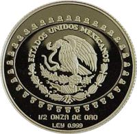 Mexico coin 50 Pesos / 1/2 Onza - Serpiente emplumada (1997) obverse obverse of 50 Pesos / 1/2 Onza - Serpiente emplumada (1997) coin with KM# 625 from Mexico. Inscription: ESTADOS UNIDOS MEXICANOS 1/2 ONZA DE PLATA LEY 0.999