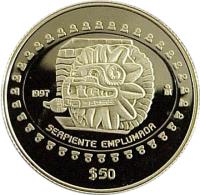 reverse of 50 Pesos / 1/2 Onza - Serpiente emplumada (1997) coin with KM# 625 from Mexico. Inscription: 1997 Mo SERPIENTE EMPLUMADA $50
