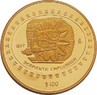 reverse of 100 Pesos / 1 Onza - Serpiente emplumada (1997) coin with KM# 626 from Mexico. Inscription: 1997 Mo SERPIENTE EMPLUMADA $100