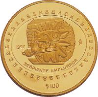 Mexico coin 100 Pesos / 1 Onza - Serpiente emplumada (1997) reverse reverse of 100 Pesos / 1 Onza - Serpiente emplumada (1997) coin with KM# 626 from Mexico. Inscription: 1997 Mo SERPIENTE EMPLUMADA $100