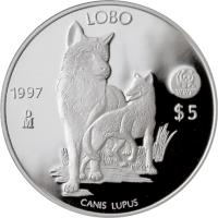 reverse of 5 Pesos - Lobo (1997 - 1998) coin with KM# 627 from Mexico. Inscription: LOBO 1997 Mo $5 CANIS LUPUS